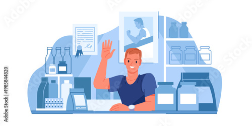 Smiling man in sports nutrition shop with isolated supplement bottles and jars on counter vector illustration