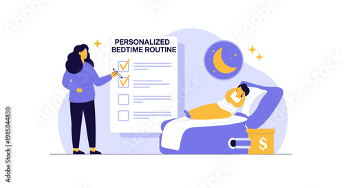 A woman helping a child establish a personalized bedtime routine with a checklist. EPS Editable. Vector Illustrations.