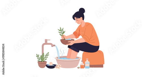 A woman enjoying a relaxing herbal foot bath at home. EPS Editable. Vector Illustrations.