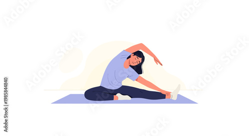 A woman performing a side stretching exercise on a yoga mat. EPS Editable. Vector Illustrations.