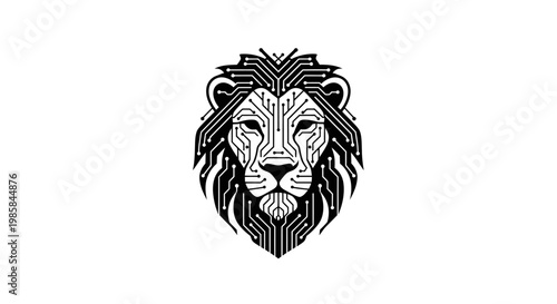 Black and white lion head illustration.