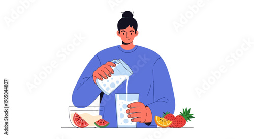 A woman pouring milk into a glass with fresh fruits. EPS Editable. Vector Illustrations.