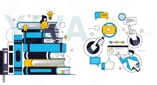 Illustration depicting a woman studying with laptop on a stack of books with icons of research and technology, ideal for educational content, online learning resources, and business presentations.