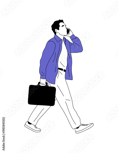 Man walks while talking on phone. He carries briefcase, dressed in business attire. His stride suggests urgency or focus. Ideal for business or professional scenes. Suitable for corporate, travel