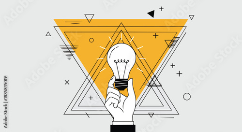 Minimalist hand holding glowing lightbulb with geometric shapes and yellow triangle background, concept for creativity, innovation, and idea generation.