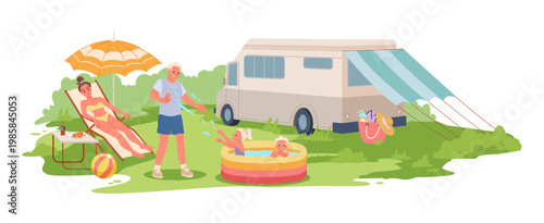 Family enjoying summer vacation outdoors with trailer, inflatable pool, sunbathing, and picnic setup, relaxing together in nature, isolated on white background vector illustration