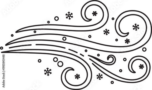 Decorative swirling wind pattern with snowflakes and dots isolated on transparent background