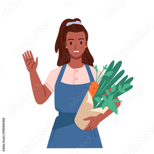 Friendly vegan store employee in apron holding fresh vegetables and waving, promoting healthy plant-based lifestyle, isolated on white background vector illustration
