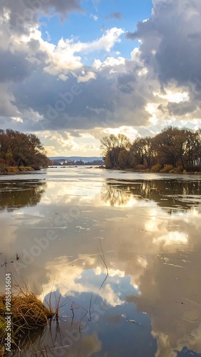 A serene landscape with a body of water reflecting clouds