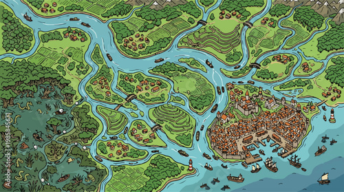 Canvastavla Vintage fantasy map vector, medieval coastal town illustration, hand drawn world