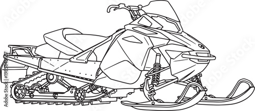 Detailed line art of a modern snowmobile designed for winter sports enthusiasts and recreational rides in snow covered landscapes or mountains
