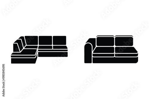 Black silhouette illustrations of a sectional sofa and a standard sofa