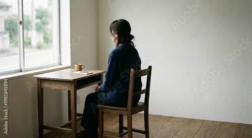 Thoughtful woman sitting alone by window in minimalist room, reflecting in quiet solitude with natural light and a simple wooden desk