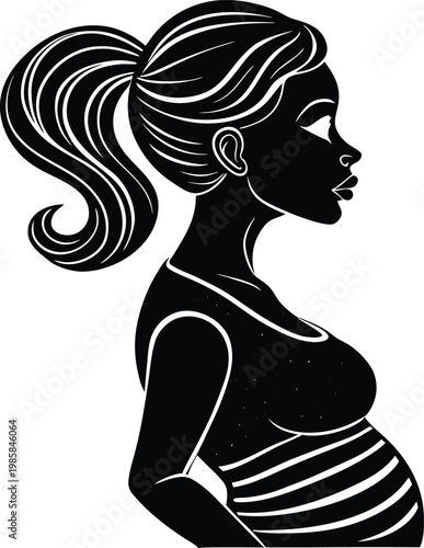Profile silhouette of a pregnant woman with a ponytail, showcasing her expectant belly in a modern, stylized