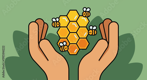 Protecting the vital ecosystem of bees, a symbol of nature's intricate balance, with gentle hands nurturing a honeycomb