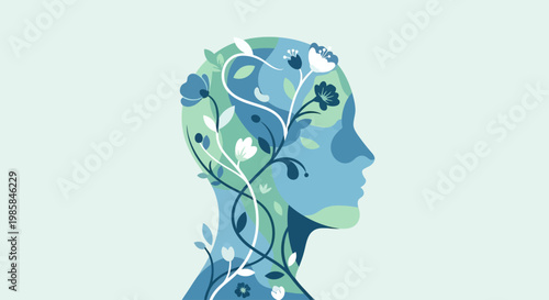 Abstract representation of a human head filled with blooming flowers and green vines, symbolizing growth and nature's influence on the mind