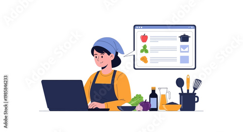 A woman wearing an apron and headscarf cooking while looking at a laptop. EPS Editable. Vector Illustrations.
