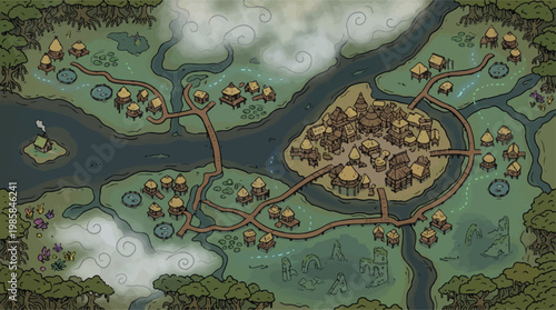 Fantasy world map of a swamp village, medieval town vector, tabletop game landscape illustration
