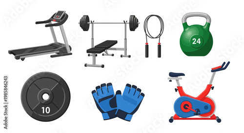 Collection of Fitness Equipment for Exercise and Workout Routines Including Treadmill Weight Bench Barbell Kettlebell and Exercise Bike on White