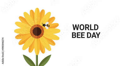 Celebrate World Bee Day with a cheerful sunflower and a buzzing bee illustration, promoting pollination and environmental awareness