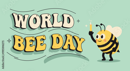 World Bee Day celebration with a cute cartoon bee holding a sparkler, promoting awareness and appreciation for these vital pollinators