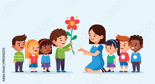 A young student presents a vibrant flower to their teacher, surrounded by smiling classmates in a heartwarming classroom scene