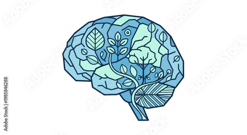 Abstract representation of a human brain intertwined with natural elements like leaves and branches, symbolizing growth and knowledge