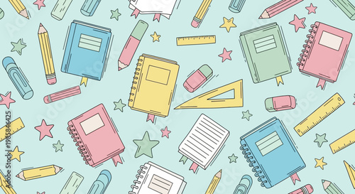 A whimsical and charming collection of school supplies in pastel colors, perfect for educational and creative projects