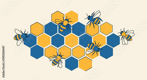 Honeybees diligently working on a honeycomb structure, representing teamwork and nature's industry