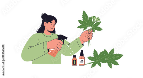 A young woman applying a natural spray treatment to hemp cannabis leaves. EPS Editable. Vector Illustrations.