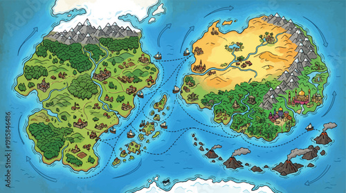 Fantasy world map vector, hand drawn adventure game cartography, fictional land with islands
