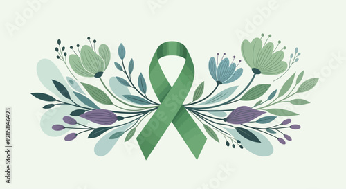 Green ribbon symbolizing mental health awareness adorned with delicate floral and leaf elements, fostering hope and support