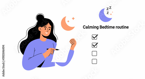 A young woman checking off tasks on her calming bedtime routine list. EPS Editable. Vector Illustrations.