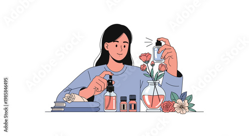A young woman crafting artisanal perfume with floral ingredients. EPS Editable. Vector Illustrations.