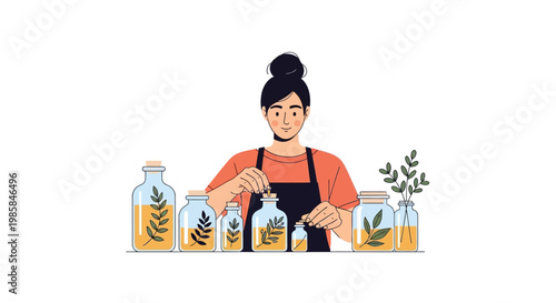 A young woman crafting handmade herbal infusions and botanical oils in glass jars. EPS Editable. Vector Illustrations.