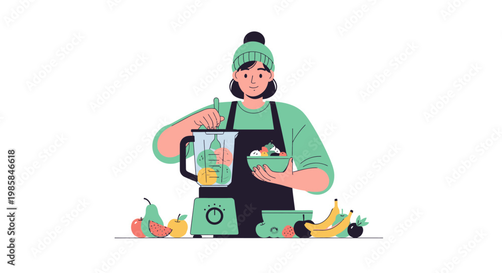 Naklejka premium A young woman making a healthy fruit smoothie in a blender. EPS Editable. Vector Illustrations.