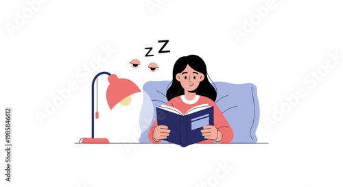 A young woman falling asleep while reading a book in bed at night. EPS Editable. Vector Illustrations.