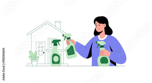 A young woman holding multiple green spray bottles for household cleaning tasks. EPS Editable. Vector Illustrations.