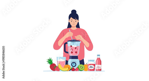 A young woman making a healthy fruit smoothie in a kitchen blender. EPS Editable. Vector Illustrations.
