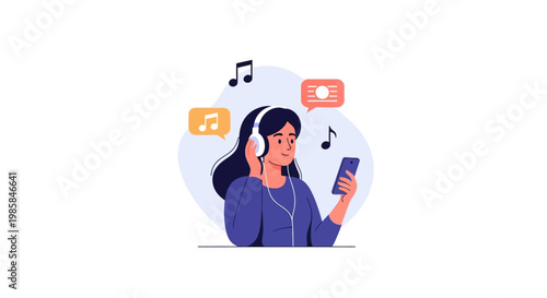 A young woman listening to music on her smartphone with headphones. EPS Editable. Vector Illustrations.