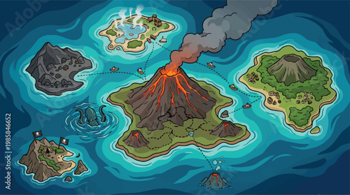 Fantasy world map vector, volcanic island archipelago, cartoon game level design illustration