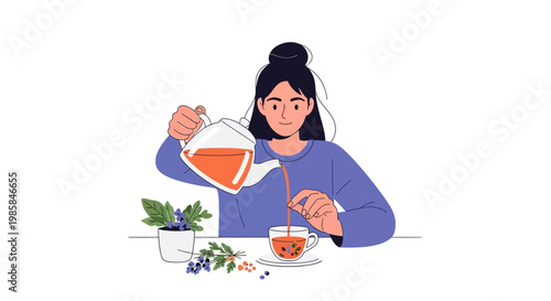 A young woman pouring herbal tea from a glass teapot into a cup. EPS Editable. Vector Illustrations.