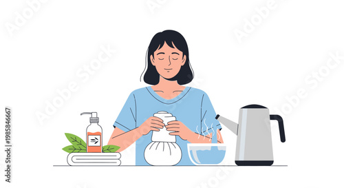 A young woman preparing herbal compress ball for spa treatment. EPS Editable. Vector Illustrations.