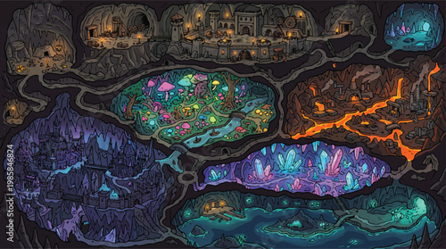 Fantasy underground map, subterranean world with lava and crystals, magical cave level design vector