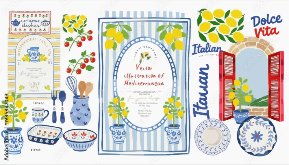 Fototapeta premium easter greeting card Mediterranean Summer Collection: Hand-Drawn Italian Illustrations with Lemons, Ceramic Pottery, and Floral Patterns