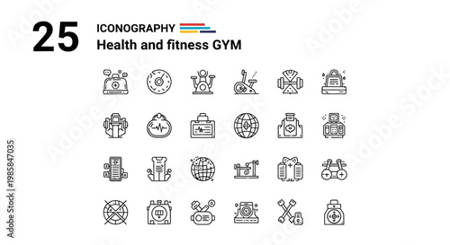 Minimalist black and white vector icon set of various health and fitness gym related objects; exercise equipment and training tools for healthy lifestyle and active people context, outline s