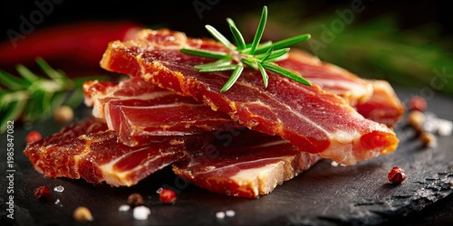 Raw pieces of smoked bacon, ham, Raw bacon slices as background