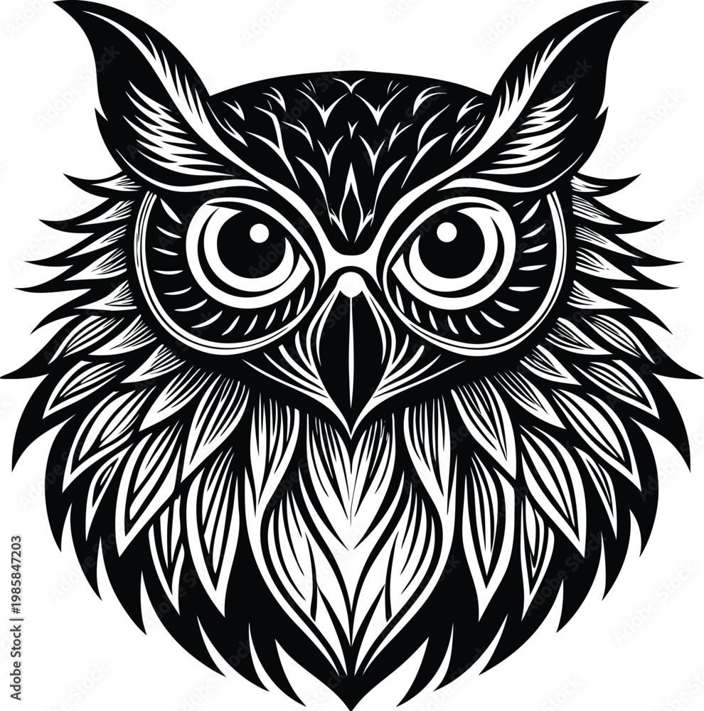 Obraz premium Intricate black and white illustration of an owl with detailed feather patterns and piercing eyes Vector, illustration