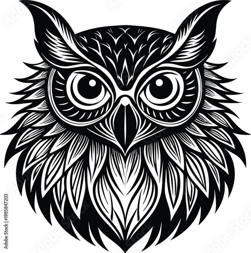 Intricate black and white illustration of an owl with detailed feather patterns and piercing eyes Vector, illustration