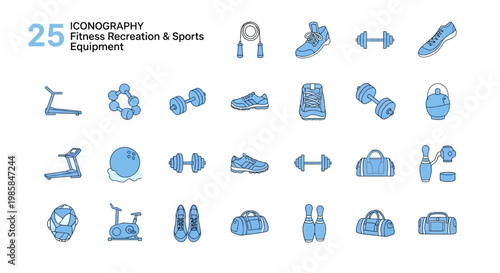 Minimalist vector set of 25 fitness recreation  sports equipment icons rendered in a stylish blue and light blue color scheme featuring a flat design and perfect for design projects and heal